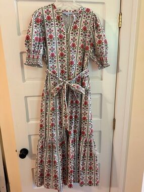 Hill House Floral Stripe Tie-Waist Maxi Dress in White and Pink